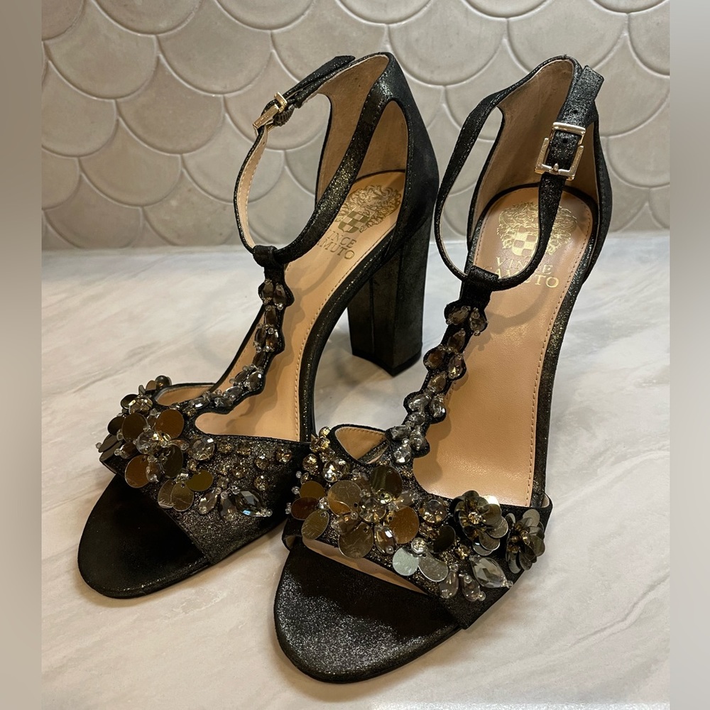 Vince Camuto beaded metallic black heels size 8